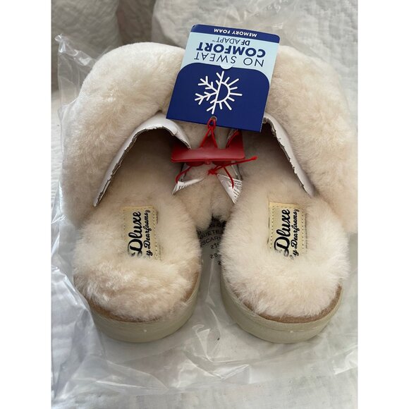 Dluxe by Dearfoam Cream Genuine Shearling Criss Cross Top Slide On Slippers - Picture 4 of 12